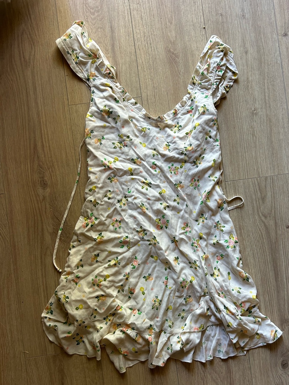 Free People Cream Floral Ruffle Mini Dress with Citrus Print